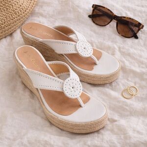 Jack Rogers Whipstitch Espadrille Wedge Sandals White Leather Thong Size 9